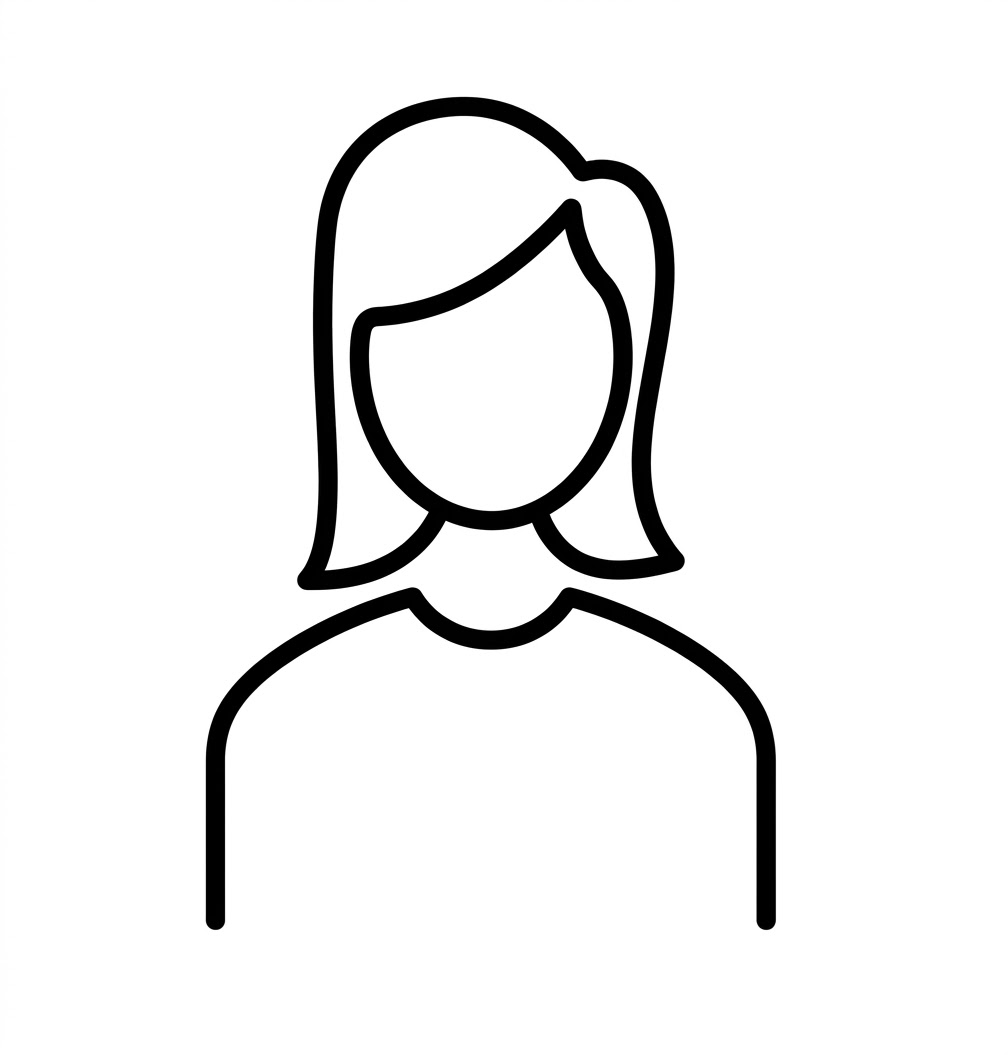 Schwarze Linienzeichnung einer schematischen weiblichen Silhouette mit schulterlangem Haar, ohne Gesicht.